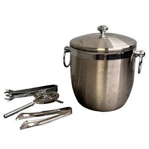 Chrome Stainless Steel Ice Bucket with Tools Lid Handles Bar Set Mancave
